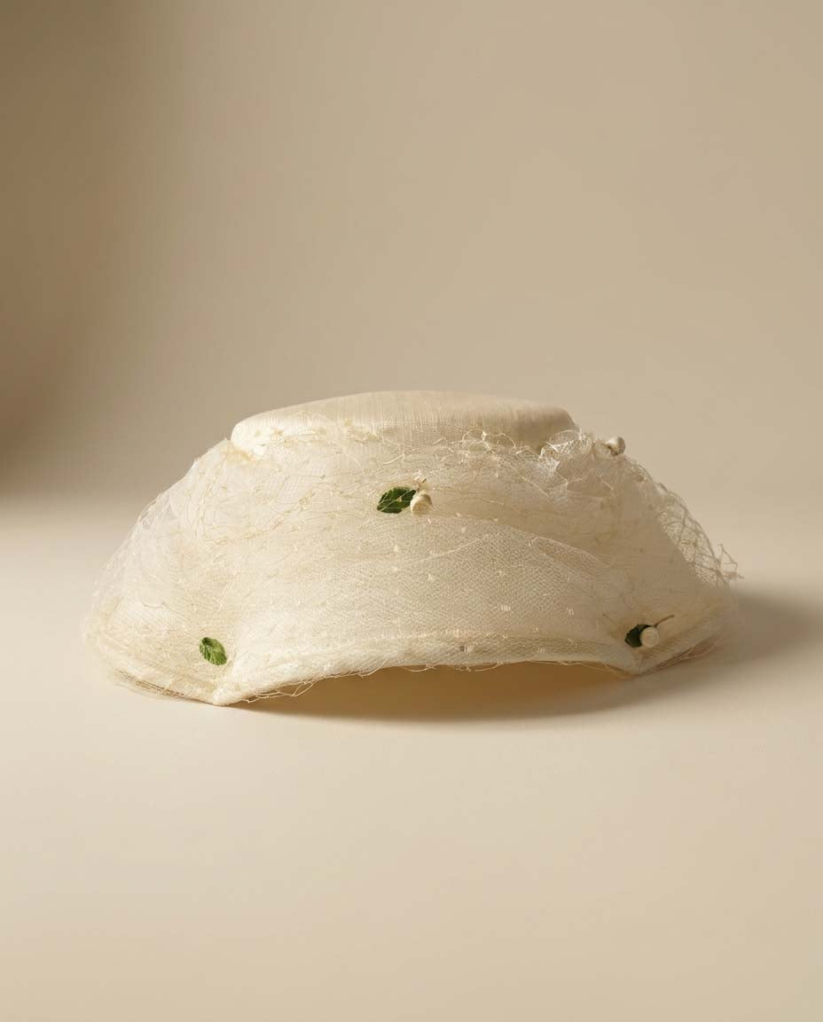 Vintage Ivory Silk Picture Hat | 1950s Wide Brim Cocktail Hat | Bridal Hat with Floral Buds &amp; Textured Veiling