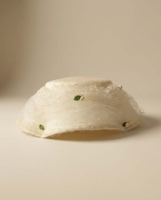 Vintage Ivory Silk Picture Hat | 1950s Wide Brim Cocktail Hat | Bridal Hat with Floral Buds &amp; Textured Veiling