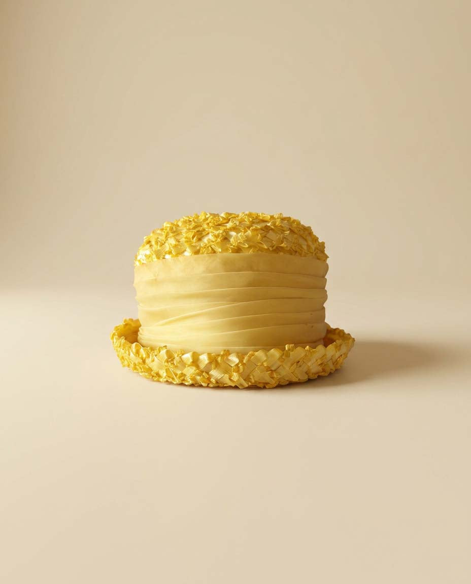 Vintage Yellow Breton Hat | Textured Straw Summer Hat | Lemon Yellow Ribbon Crown Hat | Mid Century Women's Millinery