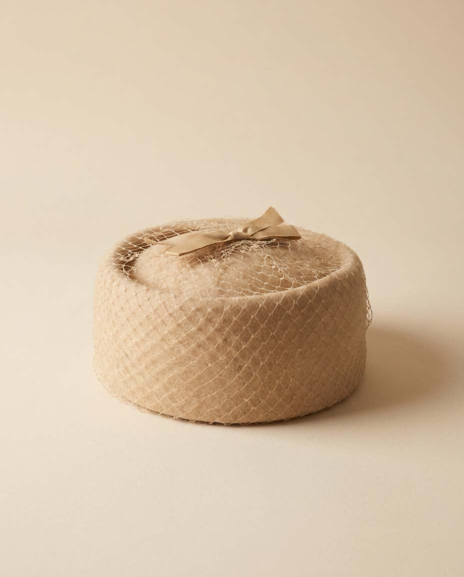 Vintage Camel Pillbox Hat | 196oc0s Felt Cktail Hat with Birdcage Veil | Mid Century Wedding & Church Hat