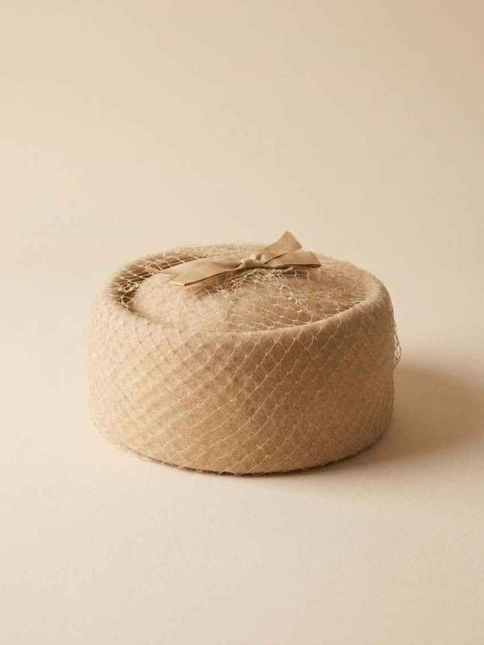 Vintage Camel Pillbox Hat | 196oc0s Felt Cktail Hat with Birdcage Veil | Mid Century Wedding & Church Hat