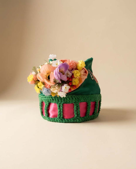 Vintage Floral Garden Party Hat | Handmade Couture Floral Fascinator | Green Crochet Ribbon Hat | Whimsical Statement Millinery