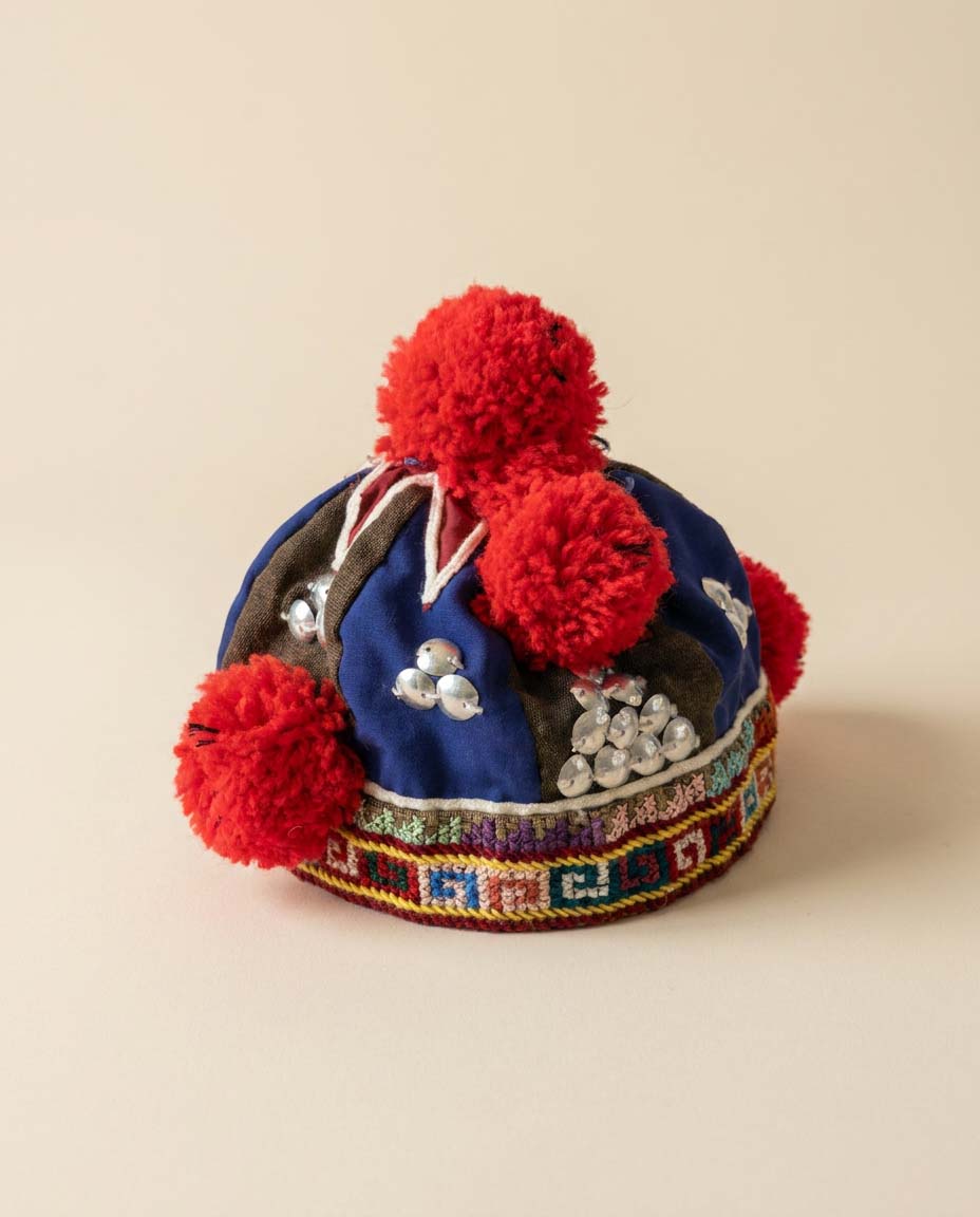 Vintage Hmong Pom Pom Hat | Handmade Tribal Embroidered Cap | Ethnic Folk Art Textile Headdress | Boho Festival Hat