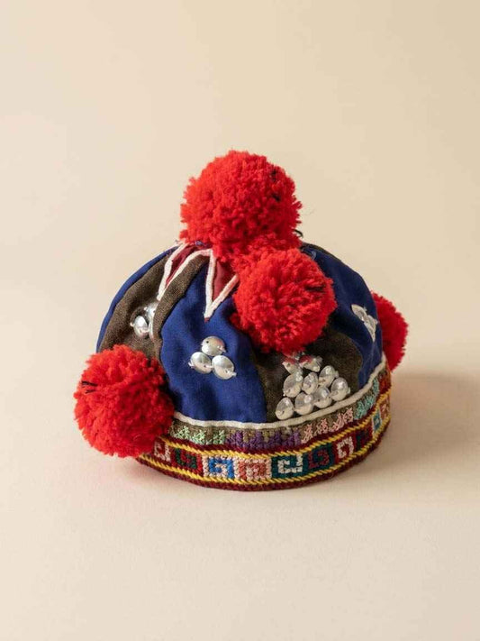 Vintage Hmong Pom Pom Hat | Handmade Tribal Embroidered Cap | Ethnic Folk Art Textile Headdress | Boho Festival Hat