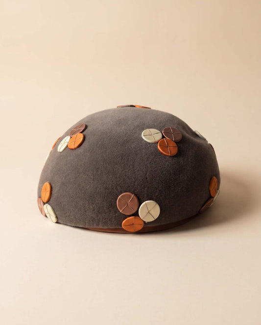Vintage Schiaparelli Paris Hat | Gray Wool Felt Pillbox | Satin Appliqué Designer Hat | 1960s Couture Millinery