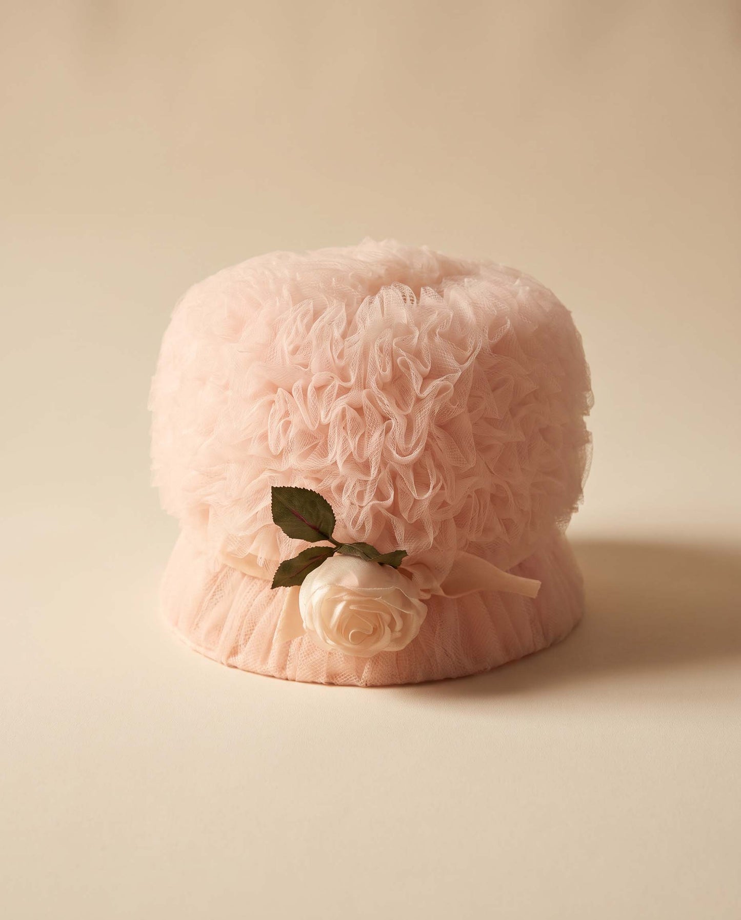 Vintage Clover Lane Pink Tulle Cloche Hat | Blush Ruffle Bucket Hat with Satin Rose | 1980s Romantic Occasion Hat