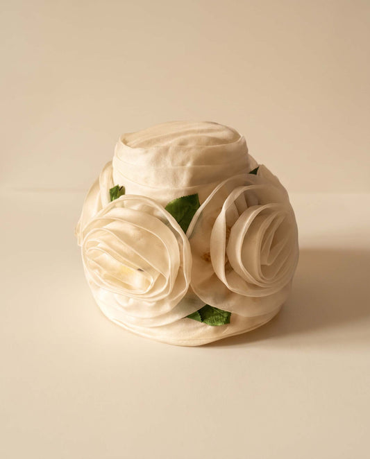 Vintage Evelyn Varon Exclusive Ivory Organza Rose Hat | 1960s Bridal Cloche | Floral Wedding Hat | Romantic Vintage Millinery