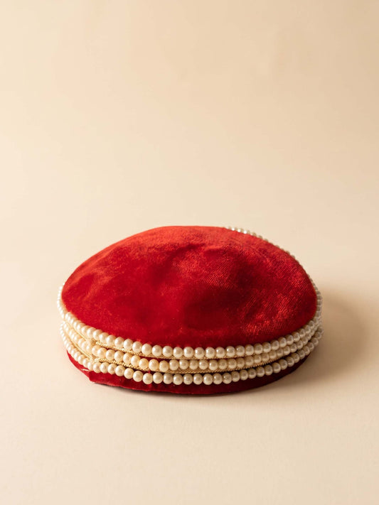 Vintage Caroline Red Velvet Pillbox Hat | Pearl Trim Cocktail Hat | 1960s Designer Hat | Holiday &amp; Wedding Millinery