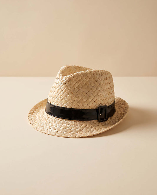 Vintage Straw Fedora Hat | Natural Raffia Summer Hat with Black Patent Belt | Resort Vacation Hat | Women's Woven Sun Hat