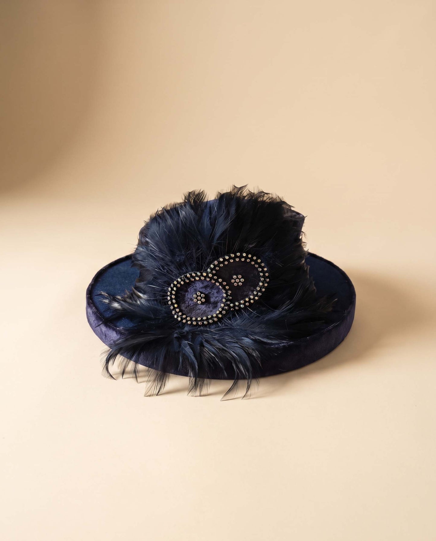 Vintage Mr. Hi’s Navy Blue Velvet Feather Hat Rhinestone Wide Brim Formal Church Derby Statement Hat
