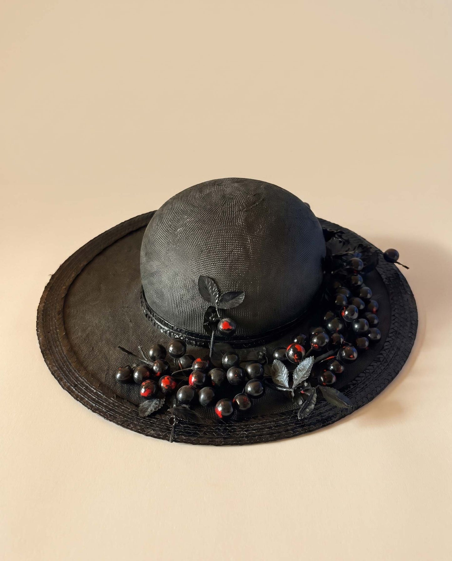 Vintage Adolfo II Black Wide Brim Hat 1970s | Designer Berry Trim Picture Hat | New York Paris Millinery