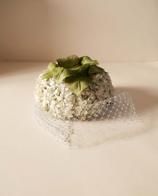 Vintage Floral Veiled Pillbox Hat | Ivory Hydrangea Bridal Hat | Mid Century Wedding Hat | 1950s 1960s Vintage Millinery