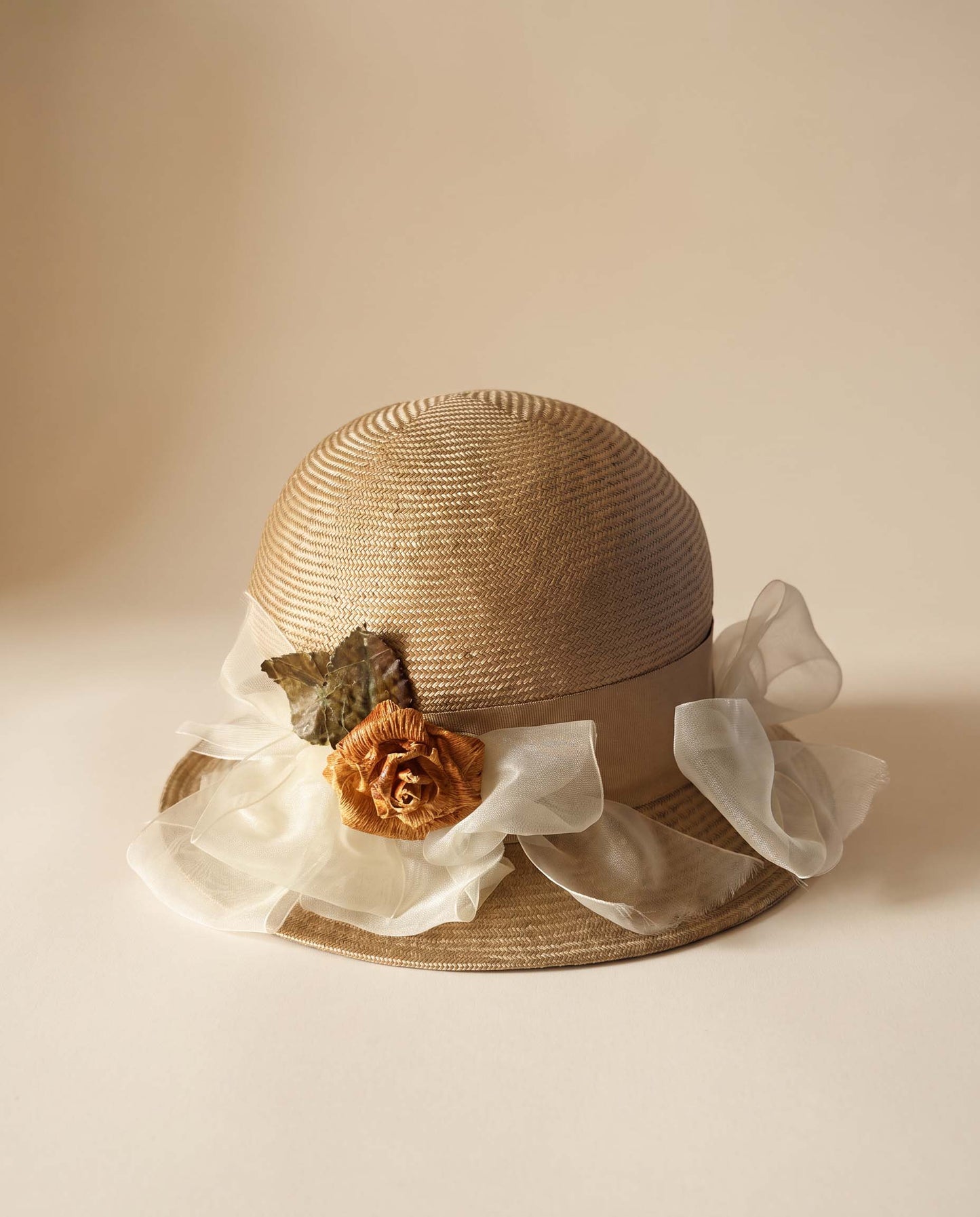 Vintage Loni San Francisco Straw Hat Ivory Organza Rose Wide Brim Womens Garden Party Wedding Hat