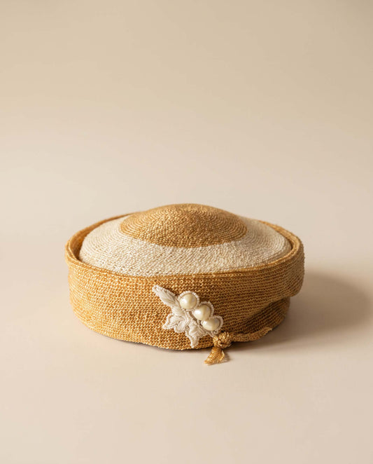 Vintage The Nebraska Millinery Shop Straw Pillbox Hat Gold Ivory Pearl Beaded 1950s 1960s Womens Hat