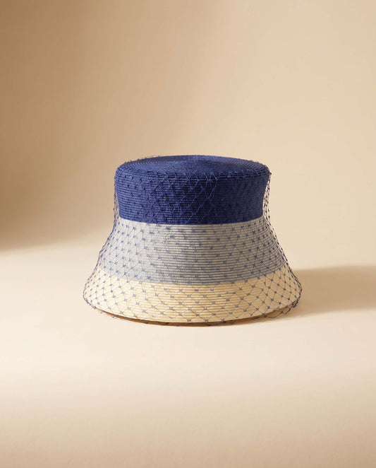 Vintage 1960s Navy Blue Gray Ivory Straw Hat Veiled Bucket Hat Mod Mid Century Women's Millinery