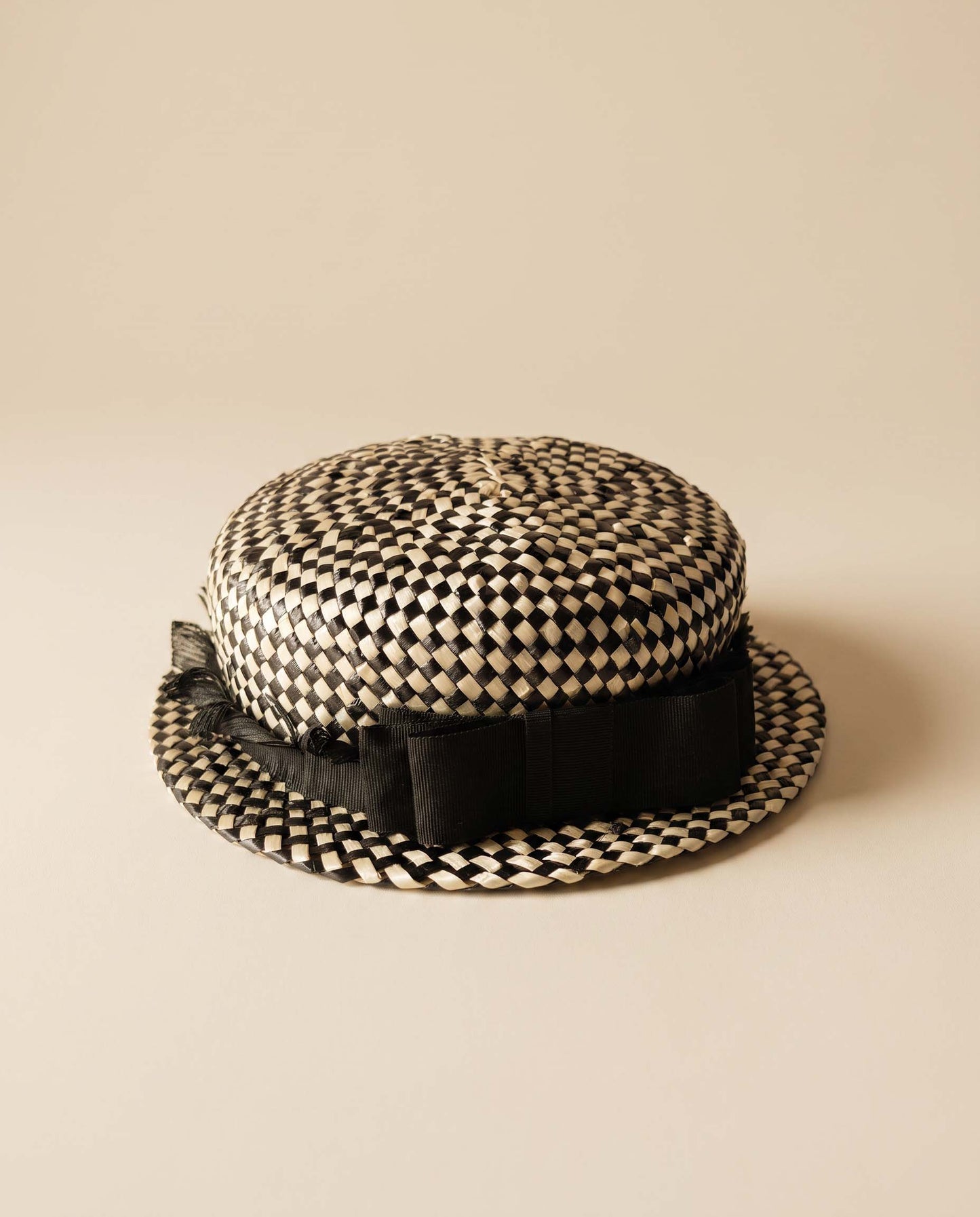 Vintage 1950s Black Ivory Straw Hat Woven Checkerboard Breton Hat Grosgrain Bow Mid Century Women's Millinery