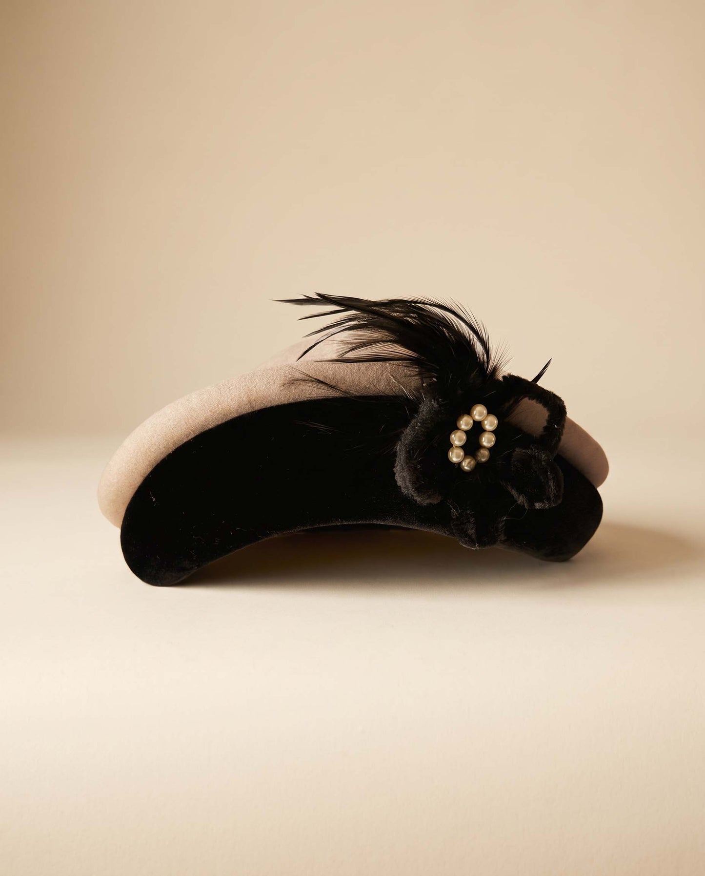Vintage 1940s Glenover Hat Black Velvet Taupe Felt Tilt Hat Feather Pearl Trim WWII Era Women's Millinery