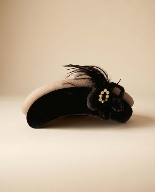 Vintage 1940s Glenover Hat Black Velvet Taupe Felt Tilt Hat Feather Pearl Trim WWII Era Women's Millinery