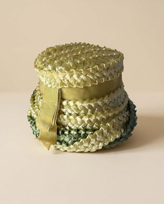 Vintage 1950s Chartreuse Green Woven Straw Hat Sculptural Tilt Hat Velvet Ribbon Mid Century Millinery