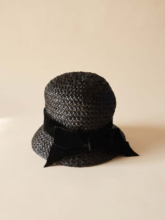 Vintage 1950s Black Straw Cloche Hat Velvet Bow Union Made Mid Century Women's Woven Hat