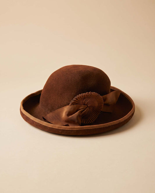 Vintage 1940s Brown Wool Felt Hat | Grosgrain Rosette Bow Brimmed Tilt Hat | 1940s Womens Millinery