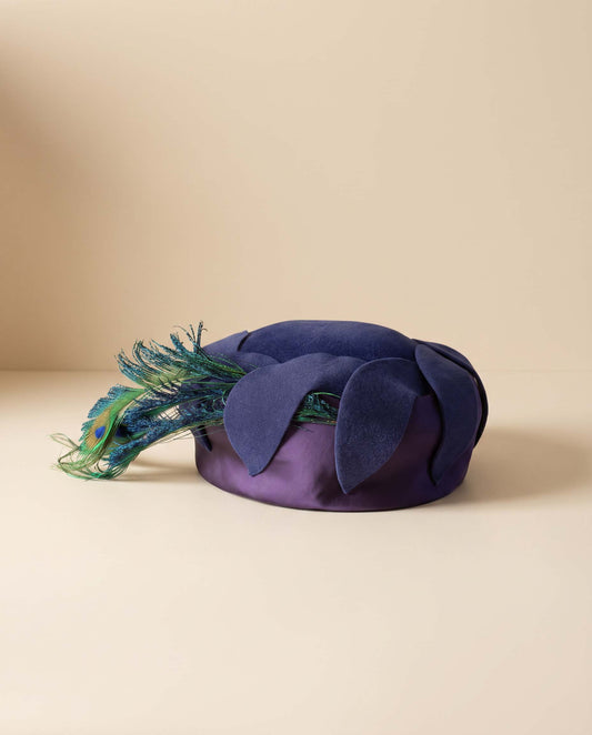 Vintage 1960s Purple Wool Felt Hat Italian Body Peacock Feather Mod Sculptural Ladies Statement Hat