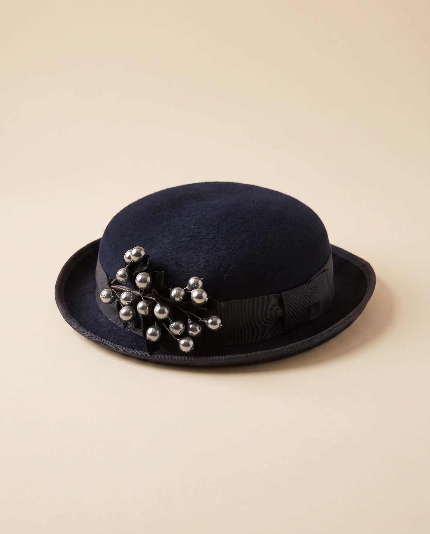 Vintage 1950s Navy Blue Wool Felt Hat Glamour Felt Metallic Berry Trim Mid Century Womens Hat