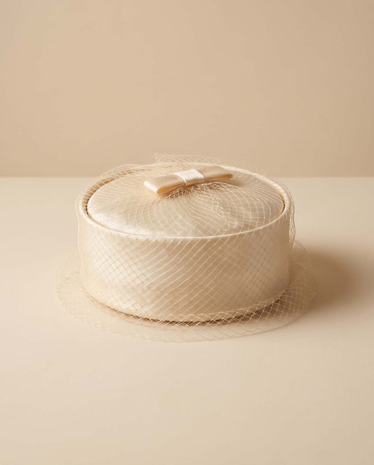 1960s Vintage Ivory Pillbox Hat | Satin Bow Veil Bridal Hat | Mid Century Wedding Cocktail Hat