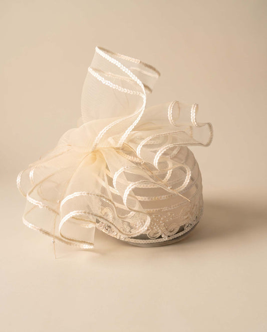 1970s Vintage Ivory Bridal Hat | Sequin Horsehair Ribbon Cocktail Hat | Sculptural Wedding Headpiece