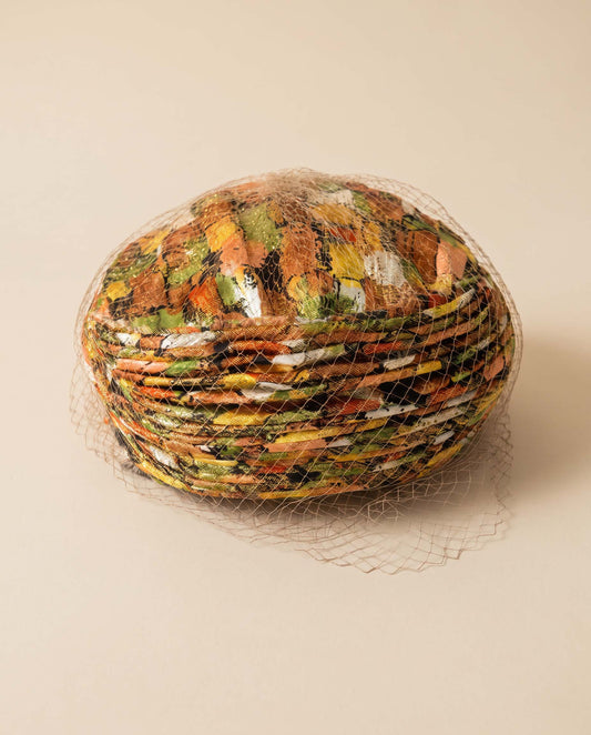 Vintage 1960s Veiled Pillbox Hat Metallic Brocade Floral Lurex Autumn Cocktail Hat Union Made USA