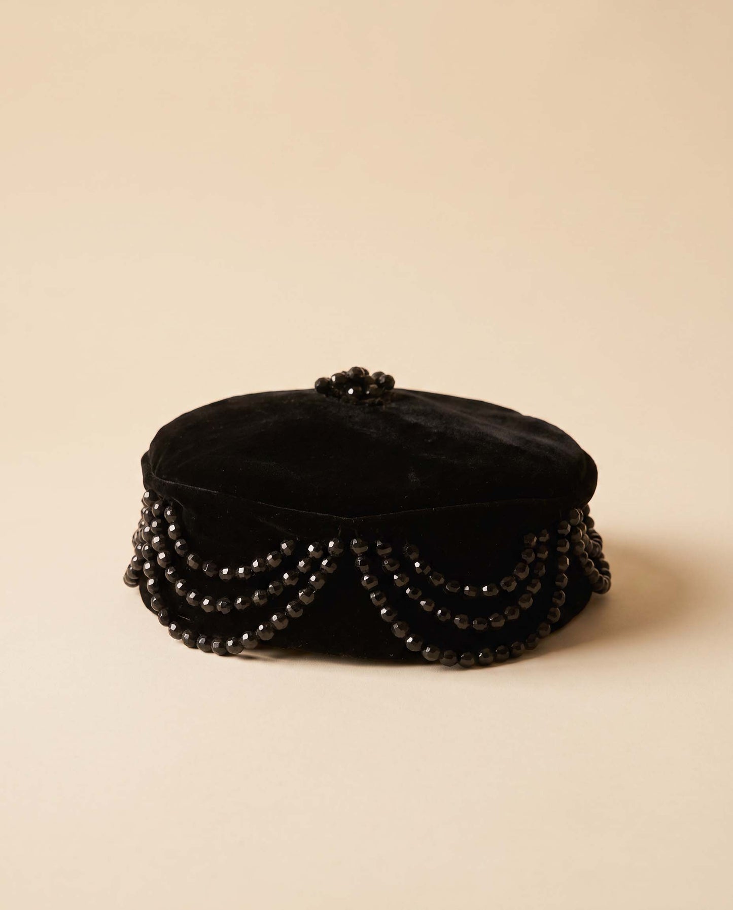 Vintage 1950s Sally Victor Black Velvet Pillbox Hat Jet Beaded Designer Cocktail Hat New York