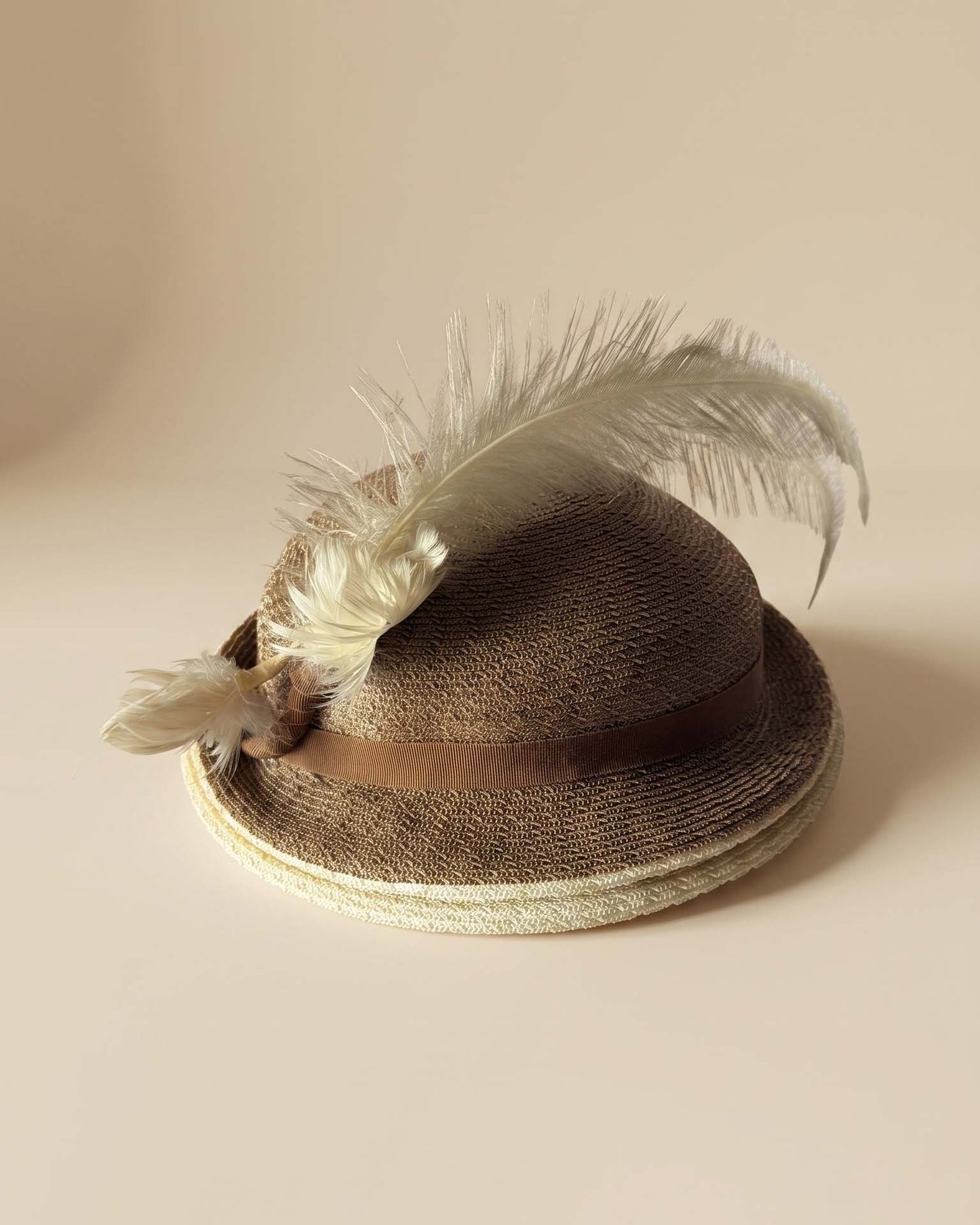 Vintage 1940s Lesene Originals Straw Hat | Brown Ivory Feather Hat | Ostrich Plume Womens Vintage Millinery