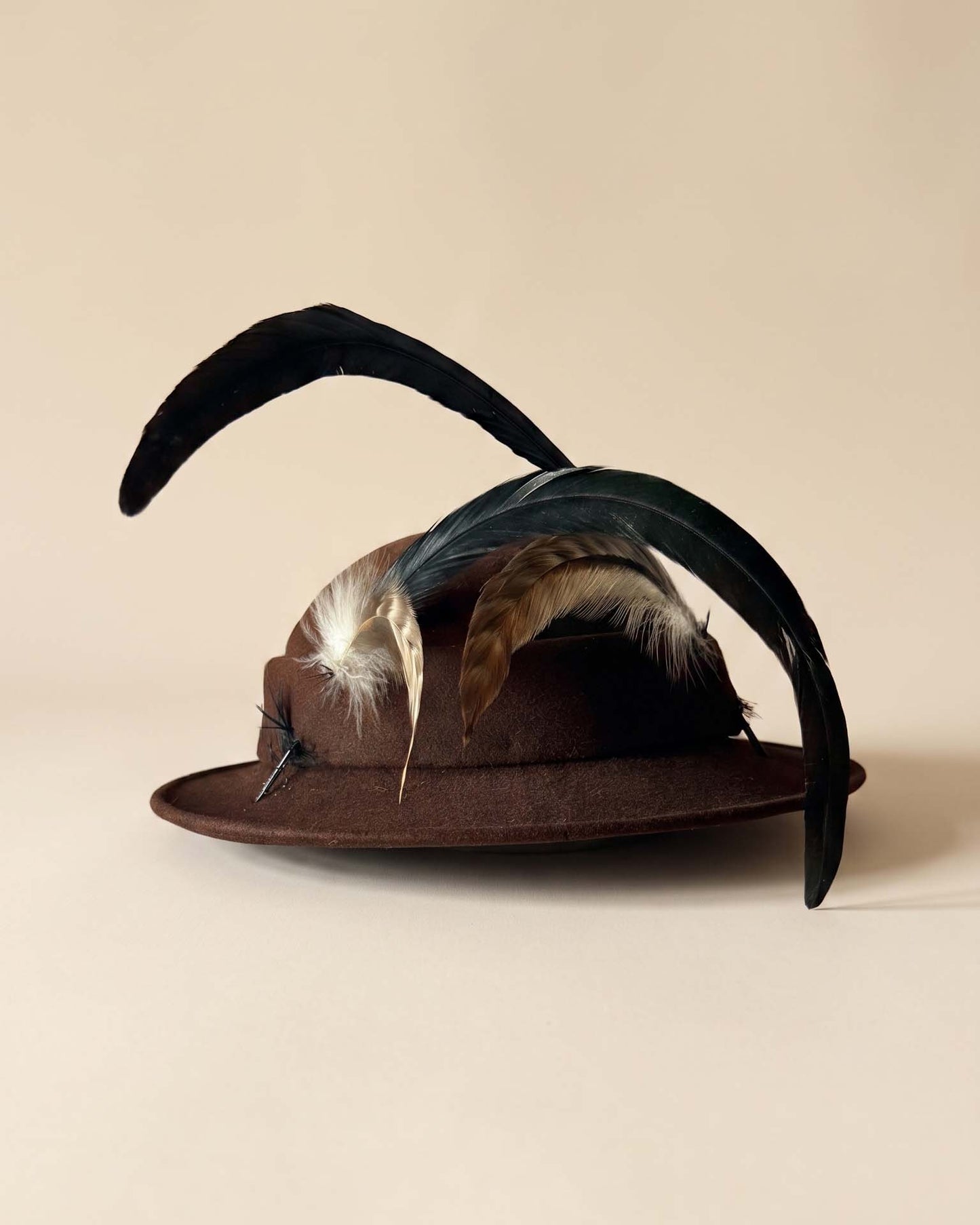 Vintage 1950s Brown Felt Hat D’Vourille Original by Gerber Feather Plume Mid Century Women’s Hat