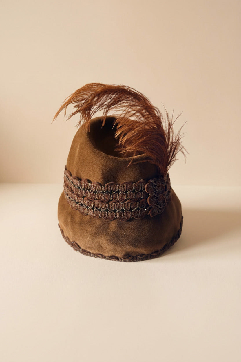 Vintage 1940s Brown Felt Hat | Ostrich Feather Tilt Hat | Brown Passementerie Trim | WWII Era Womens Millinery