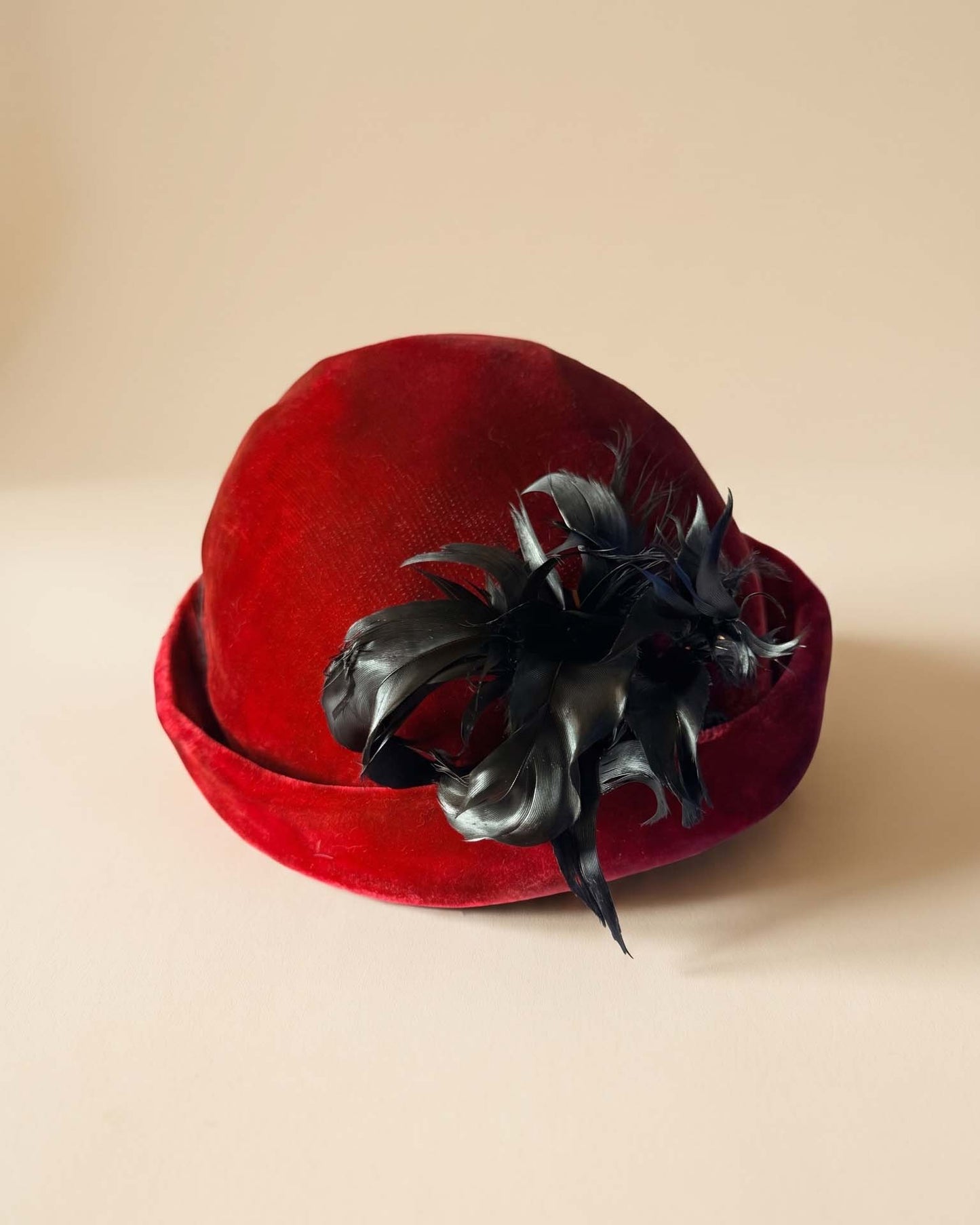 Vintage 1940s Red Velvet Hat Black Feather Trim Sculpted Brim Tilt Hat Cocktail Hat WWII Era Millinery