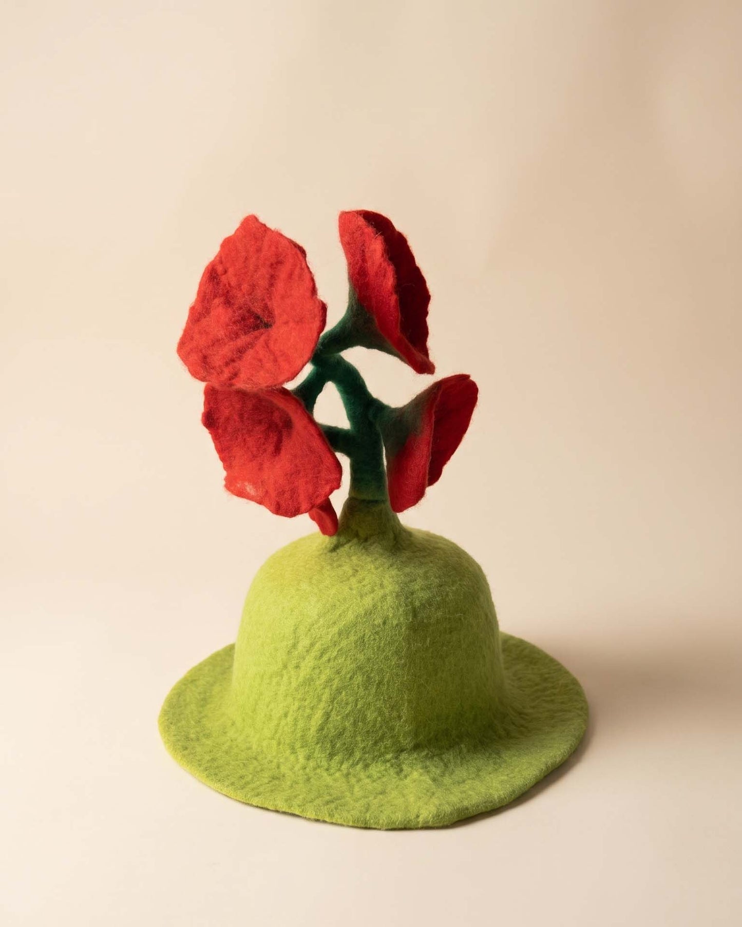 Vintage 1960s Lime Green Wool Felt Hat Red Poppy Flowers Mod Sculptural Statement Hat Mid Century Millinery
