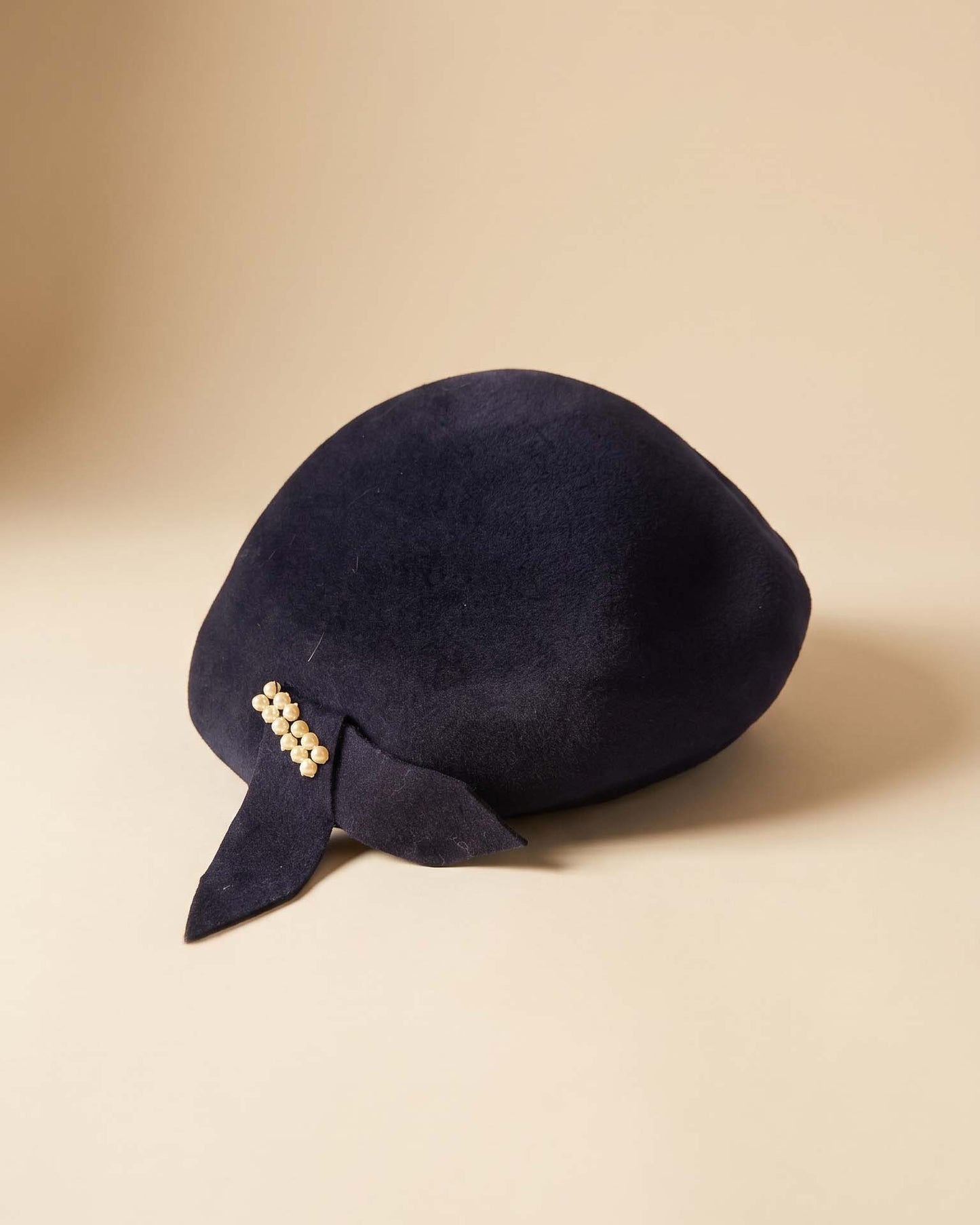 Vintage 1950s Inky Navy Felt Beret Hat Pearl Bow Trim Sculptural Tilt Hat Women's Mid Century Millinery