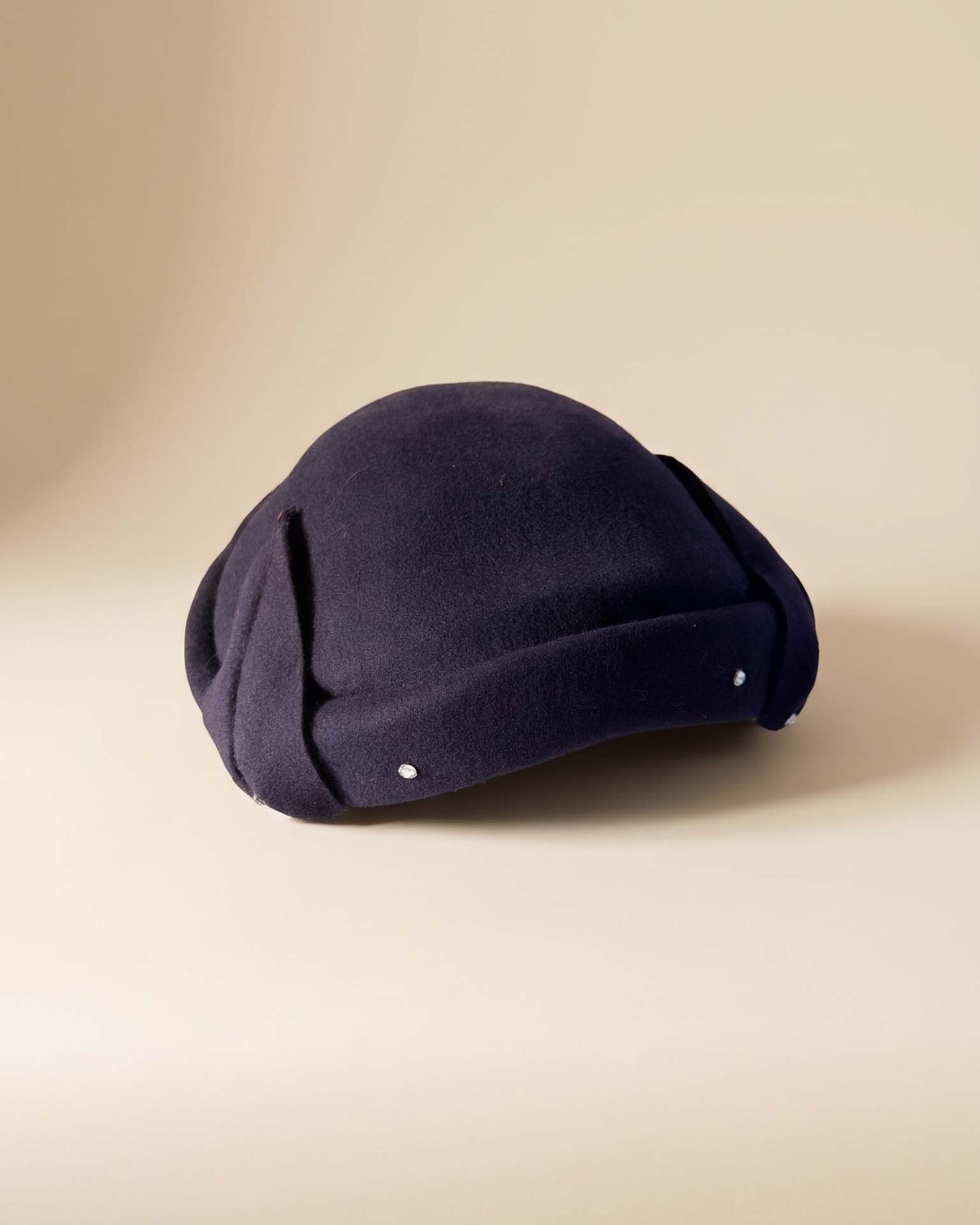 Vintage 1950s Inky Navy Felt Hat Sculptural Folded Brim Rhinestone Trim Women's Mid Century Formal Millinery