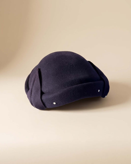 Vintage 1950s Inky Navy Felt Hat Sculptural Folded Brim Rhinestone Trim Women's Mid Century Formal Millinery