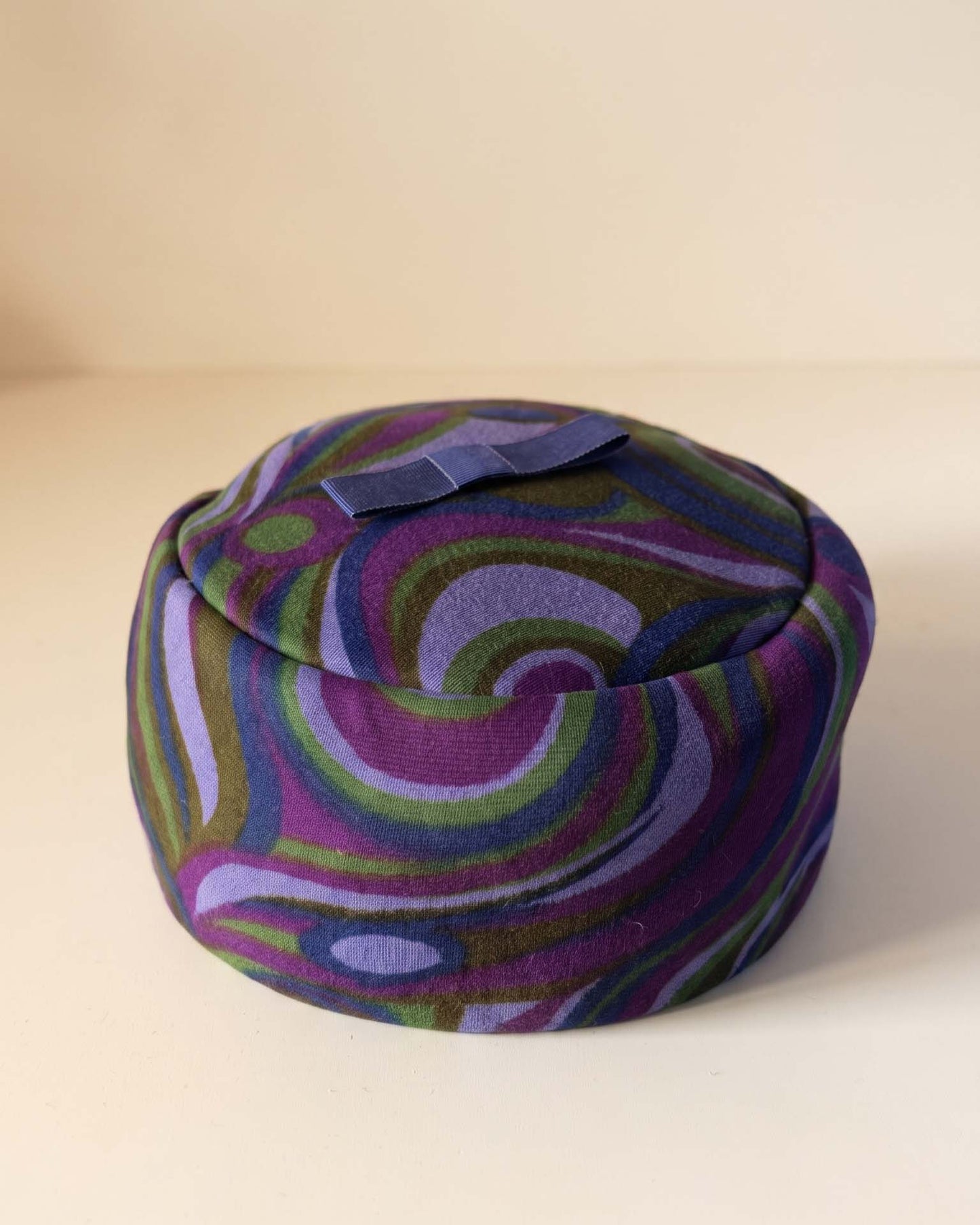 Vintage 1960s Psychedelic Pillbox Hat Purple Green Blue Mod Swirl Print Mid Century Women's Hat