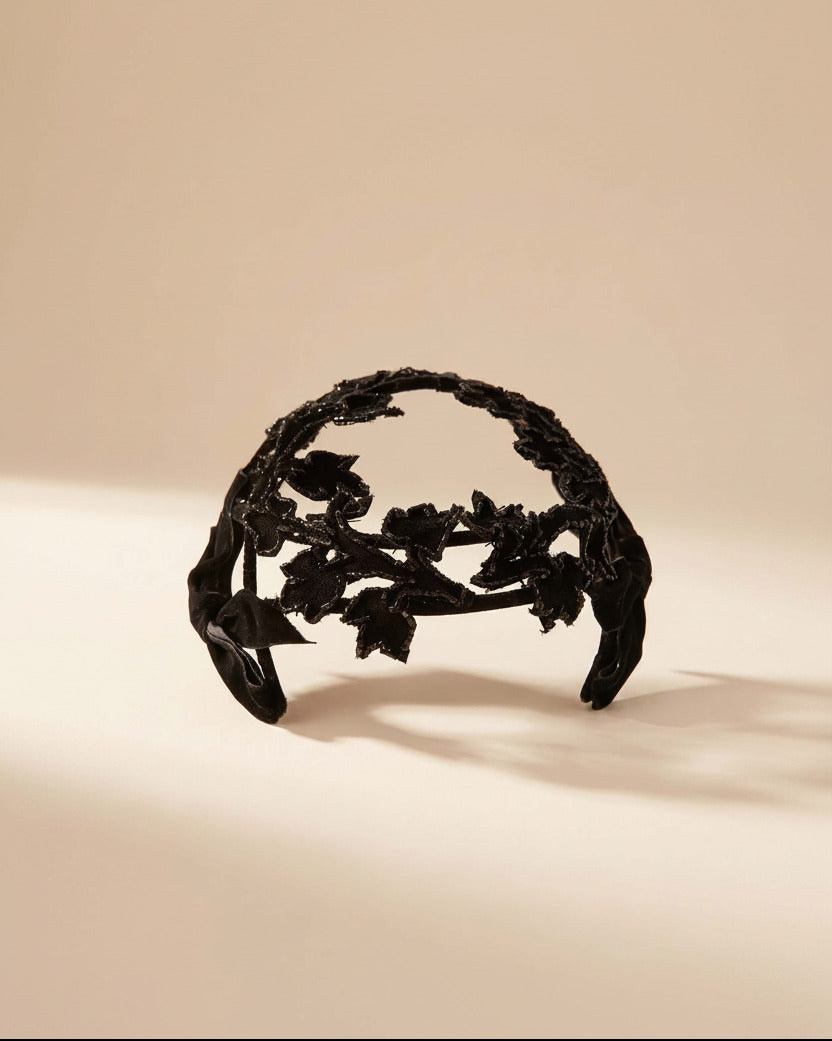 Vintage 1940s Black Open Crown Hat Beaded Leaf Vine Velvet Bow Cocktail Hat Women's Evening Millinery