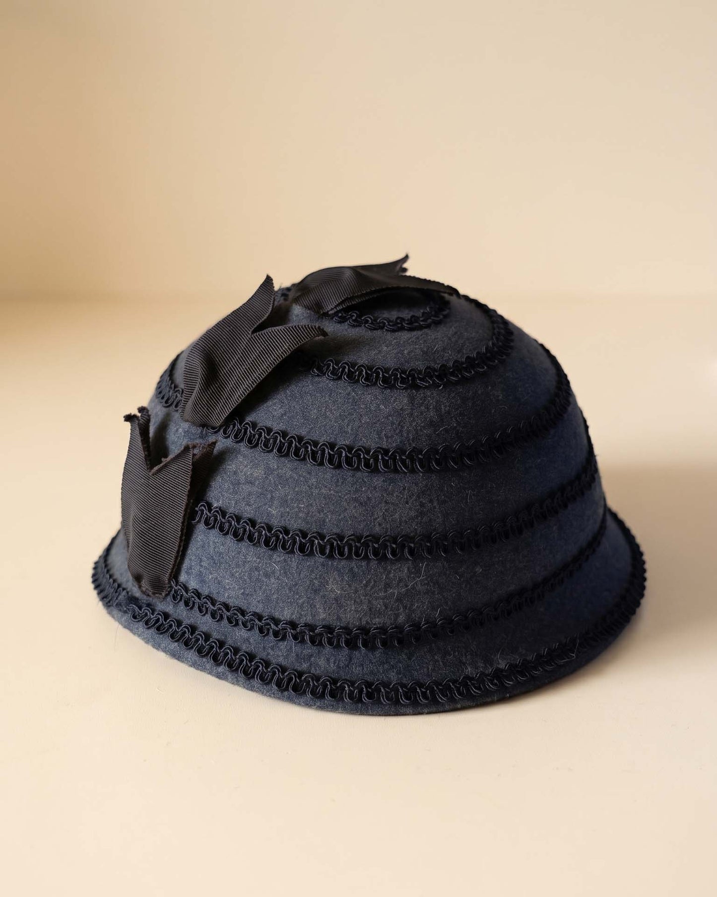 Vintage 1960s LeVogue Charcoal Blue Grey Wool Felt Cloche Hat Black Soutache Trim Grosgrain Bow Women's Mod Millinery