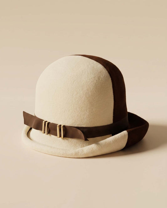Vintage 1960s Charette Hat Brown Ivory Color Block Felt Mod Cloche Hat Mid Century Geometric Millinery