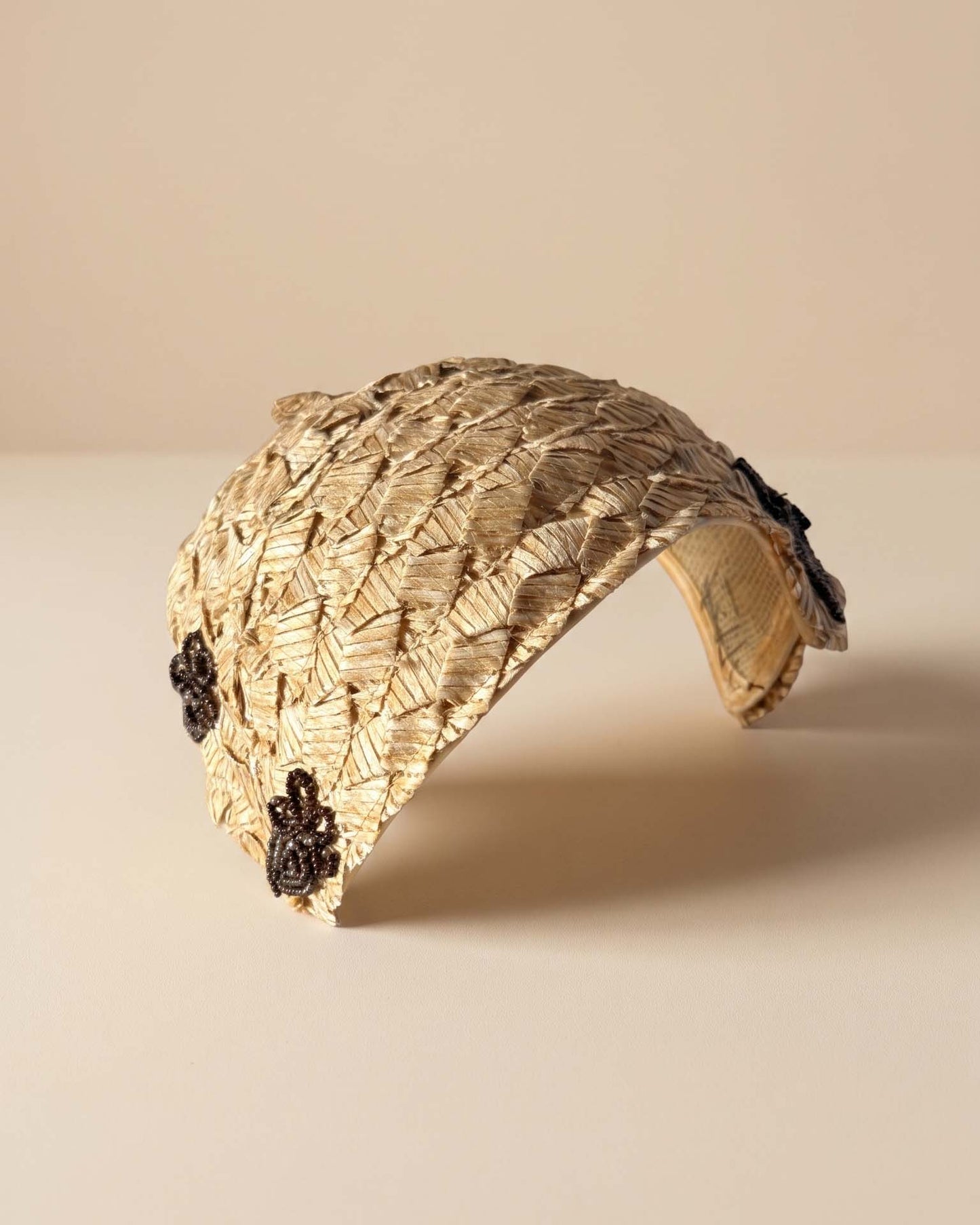 Vintage 1940s Williams Arms Co Champagne Straw Half Hat Brown Beaded Sculptural Millinery