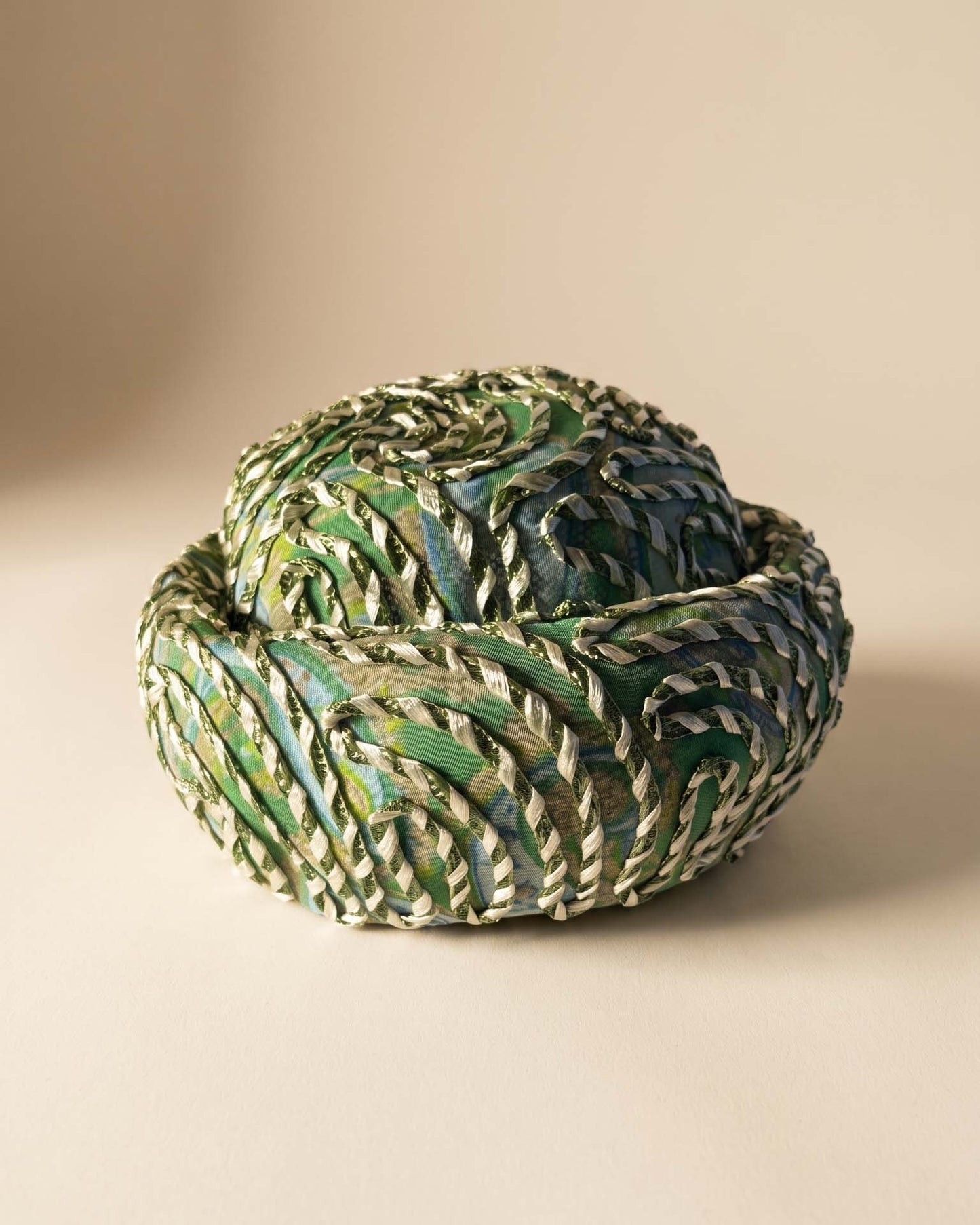 Vintage 1960s Pillbox Hat Green Blue Metallic Ribbon Abstract Print Mod Cocktail Hat Mid Century Millinery