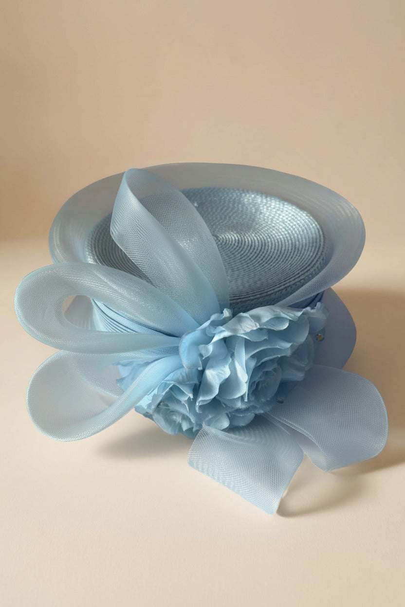 Vintage 1980s Baby Blue Hat Straw Horsehair Floral Statement Hat Church Wedding Derby Garden Party
