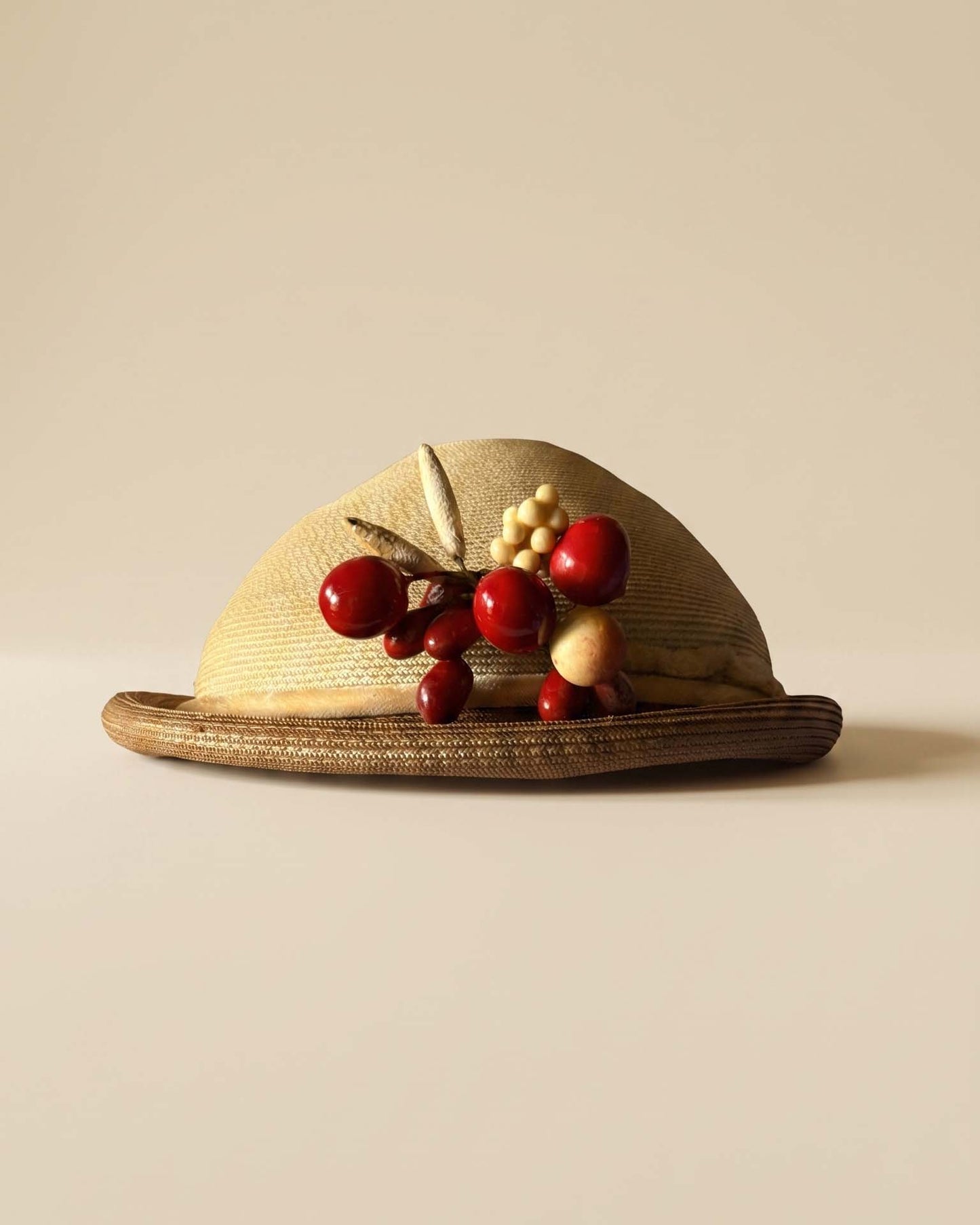 Vintage 1950s Straw Hat Red Cherry Fruit Trim Novelty Tilt Hat Mid Century Women's Millinery