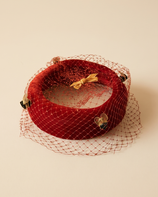 Vintage 1940s Red Velvet Halo Hat Birdcage Veil Bumblebee Trim Gold Bow Women's WWII Era Novelty Millinery
