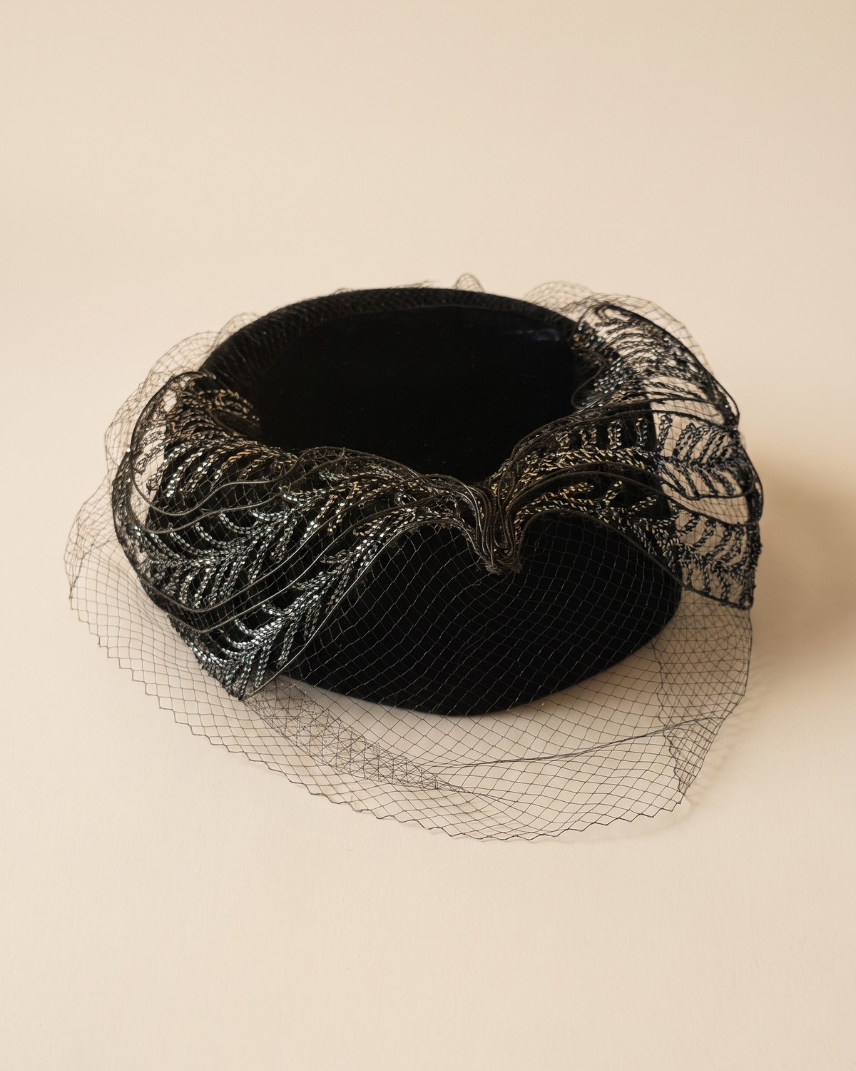 Vintage 1950s Black Velvet Cocktail Hat Metallic Lace Trim Face Veil Women's Formal Evening Hat Mid Century Millinery