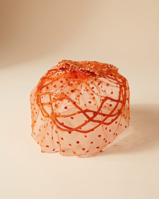 Vintage 1950s Orange Fascinator Hat Flocked Polka Dot Face Veil Sculptural Cord Trim Women's Cocktail Millinery